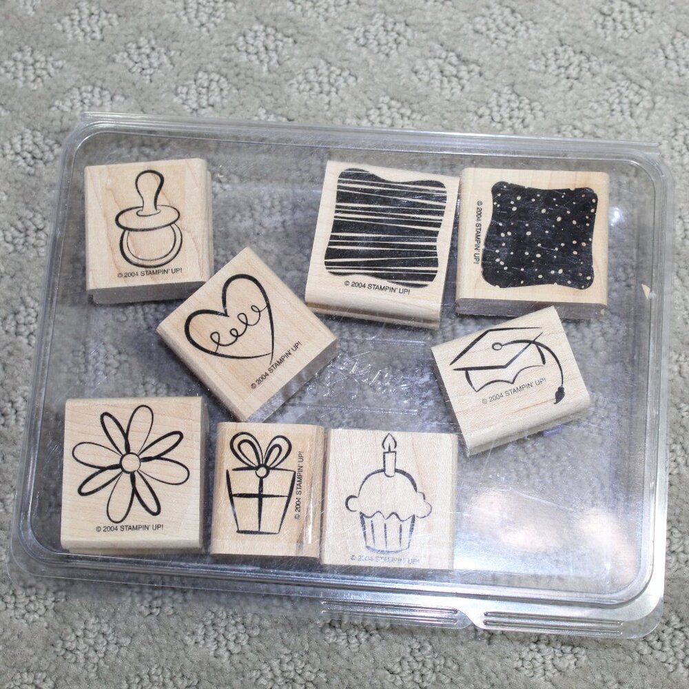 Stampin Up Two-Step Little Layers Plus, NEW 2004 Mounted Wood Retired Set of 8